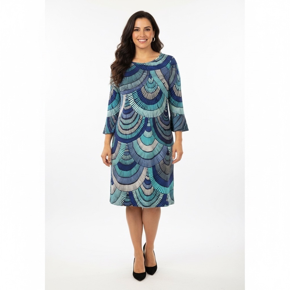 Tori Richard Dress Large Blue Scallop Print Bell Sleeve